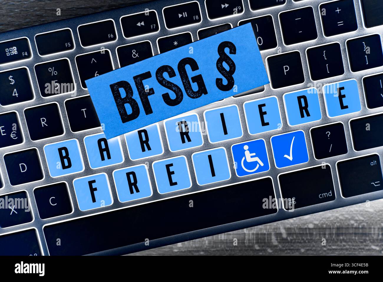 Computer keys with the inscription barrier-free and sign with the inscription BFSG, symbolic photo for the Accessibility Reinforcement Act, photomontage Stock Photo