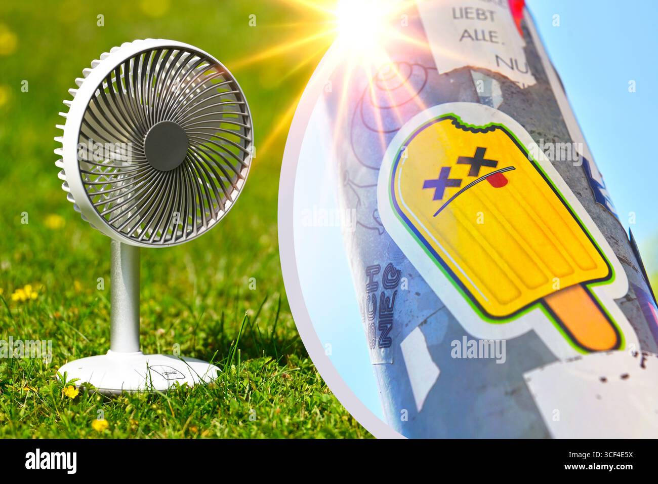 Fan and ice sticker, symbolic photo heat wave, photomontage Stock Photo ...