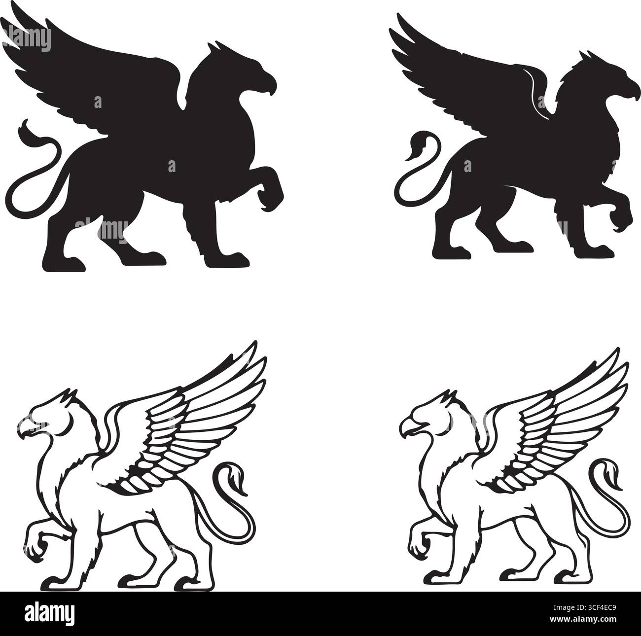 Black and White Griffin Silhouettes and Line Art Vector Set – Mythical Creature Design Stock Vector