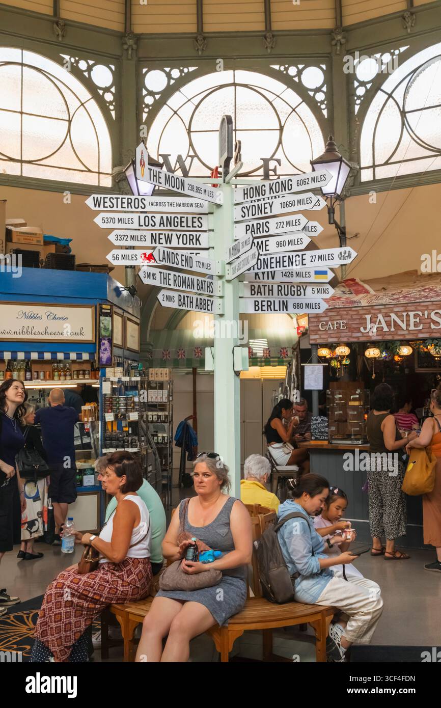 England, Somerset, Bath, The Historic Guildhall Market, Signpost showing Multi Destinations Stock Photo