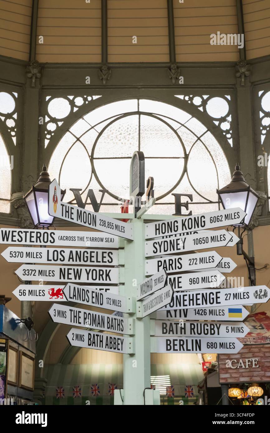 England, Somerset, Bath, The Historic Guildhall Market, Signpost showing Multi Destinations Stock Photo