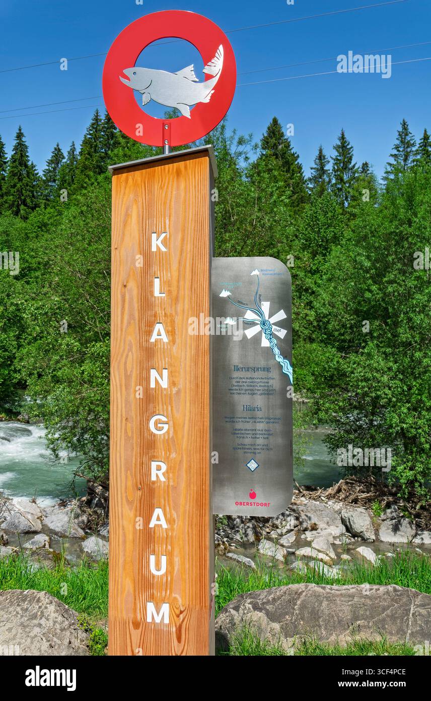 At the source of the Iller, the Trettach, Stillach and Breitach become the Iller. Information board and stele Klangraum. Stock Photo