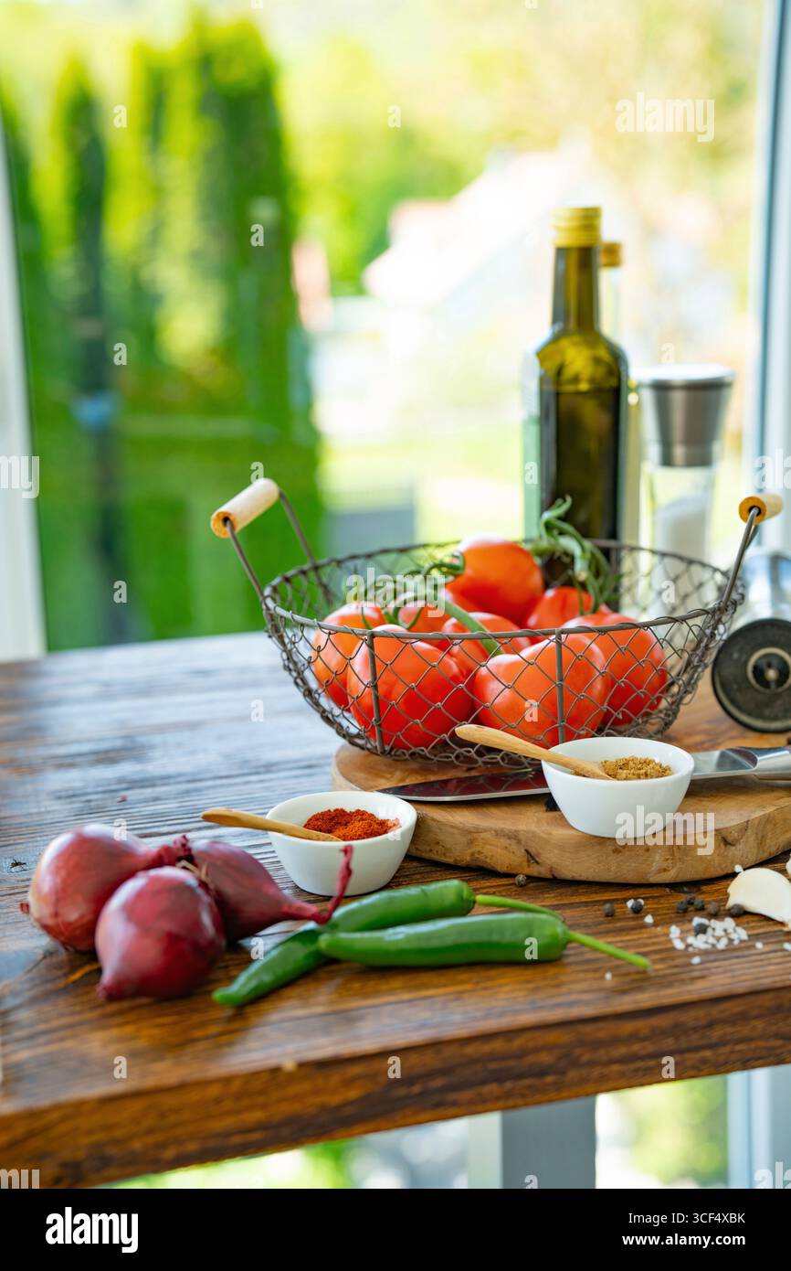 Fresh ingredients for marinades and sauces. Preparing salads and spicy sauces for grilling. Stock Photo