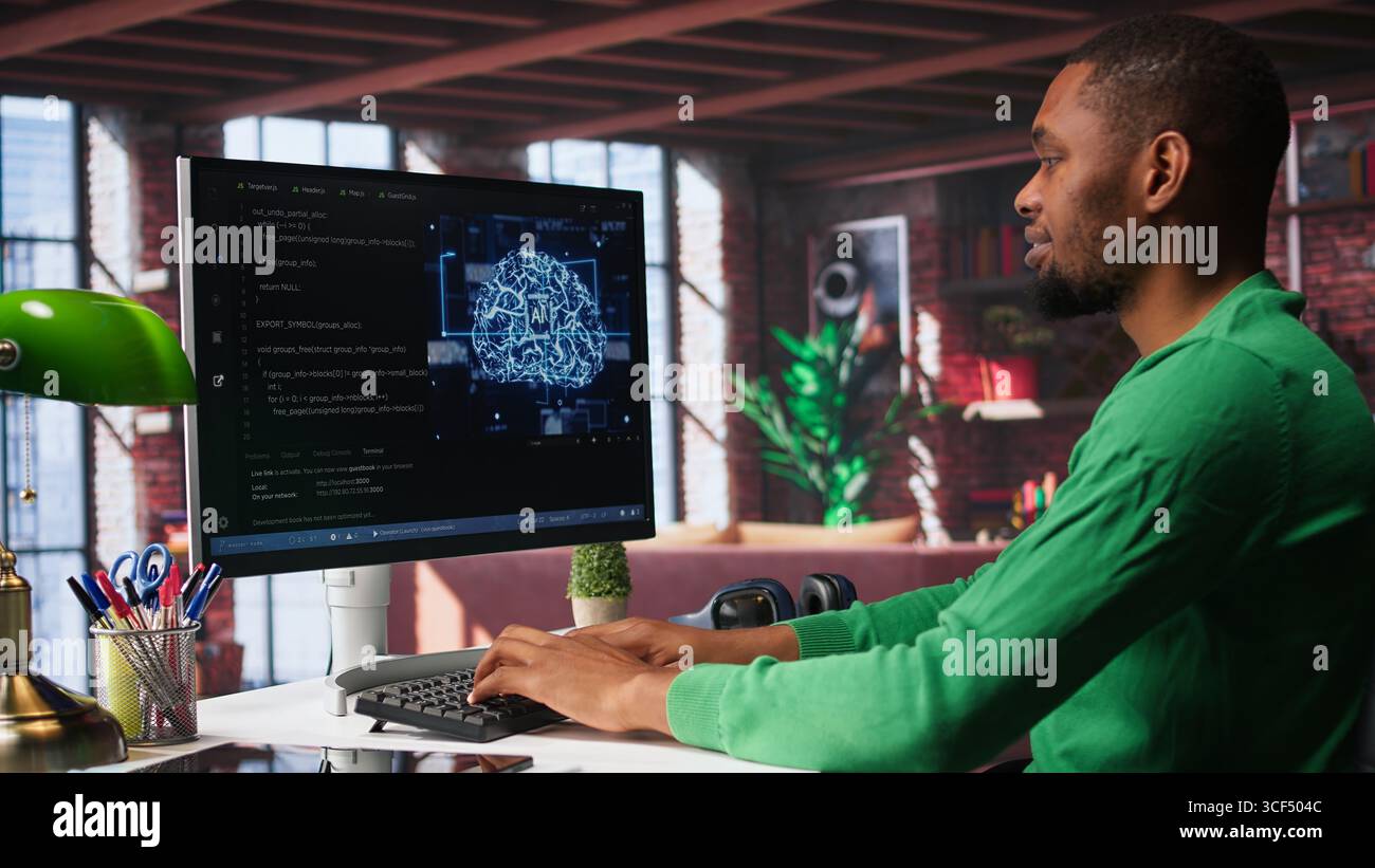 System administrator programming AI brain computerized model of neural network for machine learning, solving tasks on computer. Debugging software algorithm and checking for errors. Camera B. Stock Photo