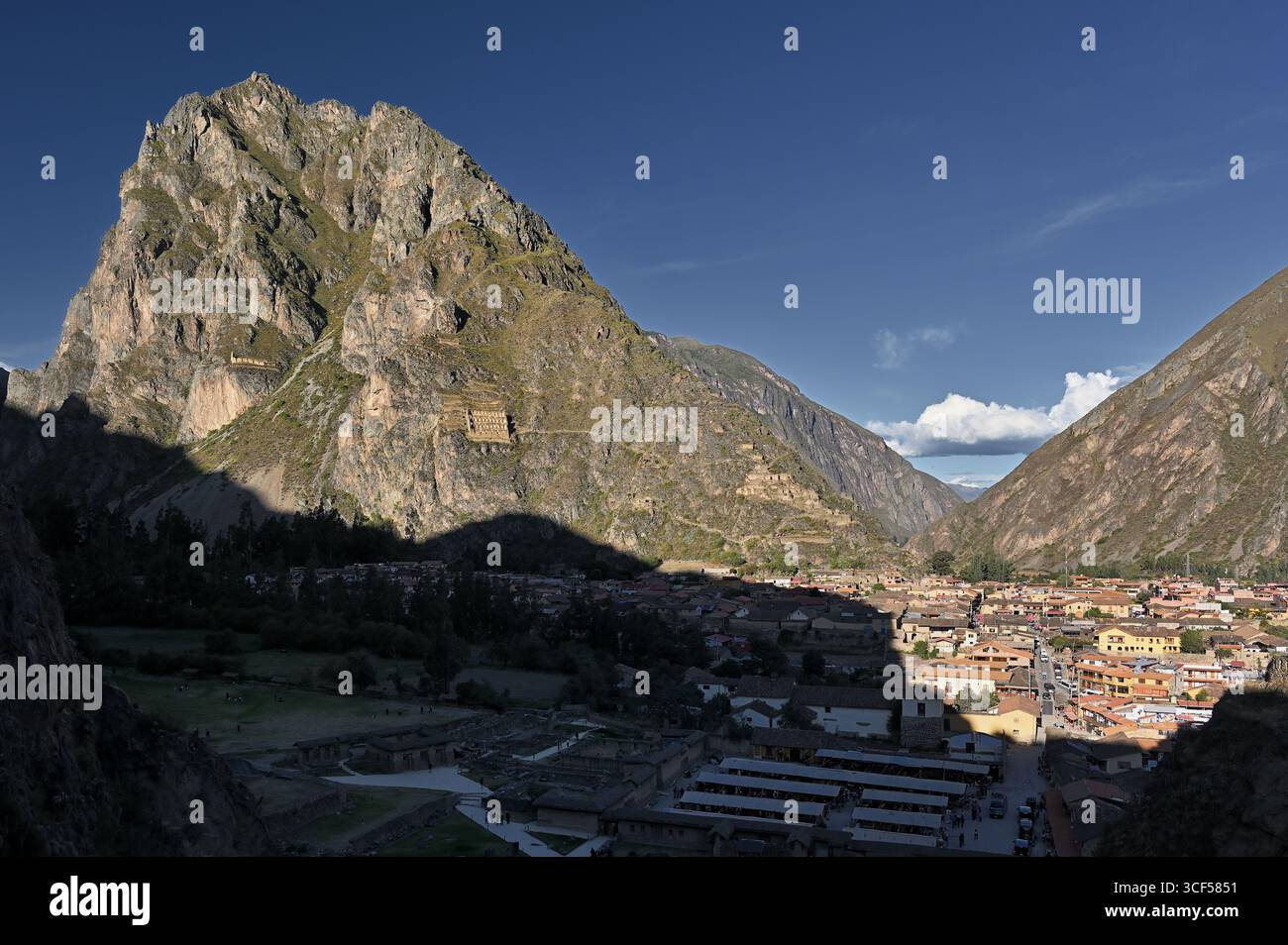 Ollantaytambo town and inca ruins from the top of the archaeological site, Sacred Valley, Cusco, Peru Stock Photo