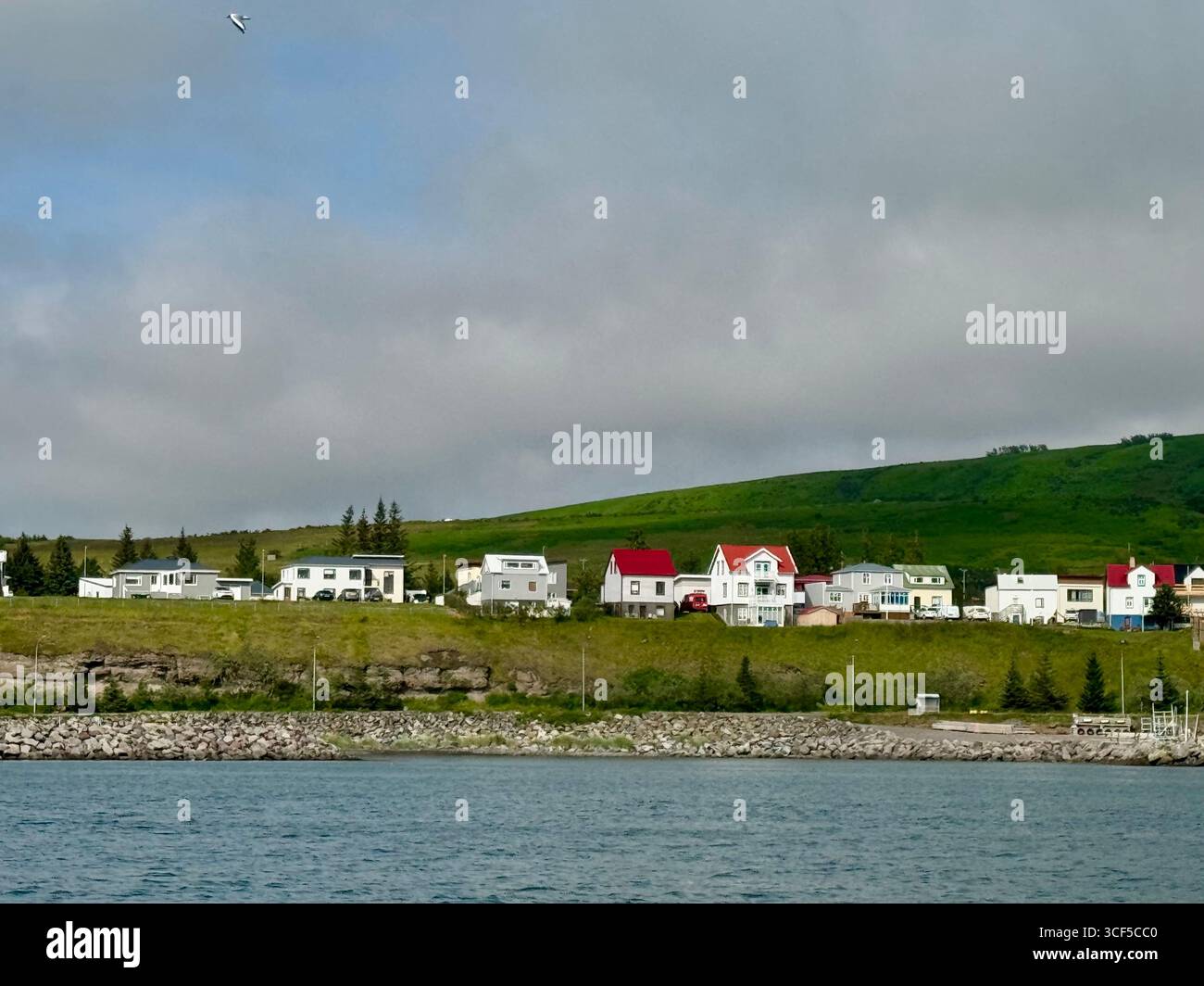 Houses near the Husavik shoreline in summertime. - Smartphone Captured Stock Image