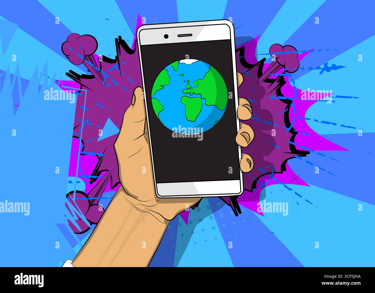 Cartoon Smartphone, comic book Telephone with planet Earth. Retro vector comics pop art design. Stock Vector