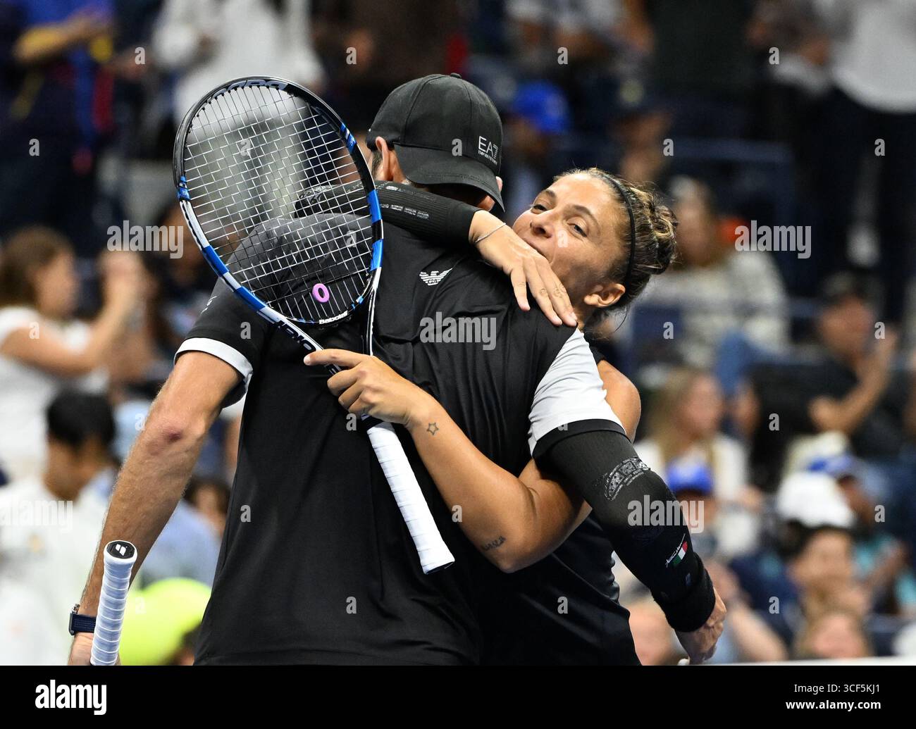 New York, United States. 20th Aug, 2025. Sara Errani and Andrea Vavassori react after defeating Danielle Collins and Christian Harrison during the Mixed Doubles Semi Finals on Arthur Ashe Stadium at the 2025 US Open Tennis Championship at the USTA Billie Jean King National Tennis Center in New York City on Wednesday, August 20, 2025 in New York City. Sara Errani and Andrea Vavassori react after defeating Danielle Collins and Christian Harrison 4-2-4-2 and advance to the finals. Photo by Larry Marano/UPI Credit: UPI/Alamy Live News Stock Photo