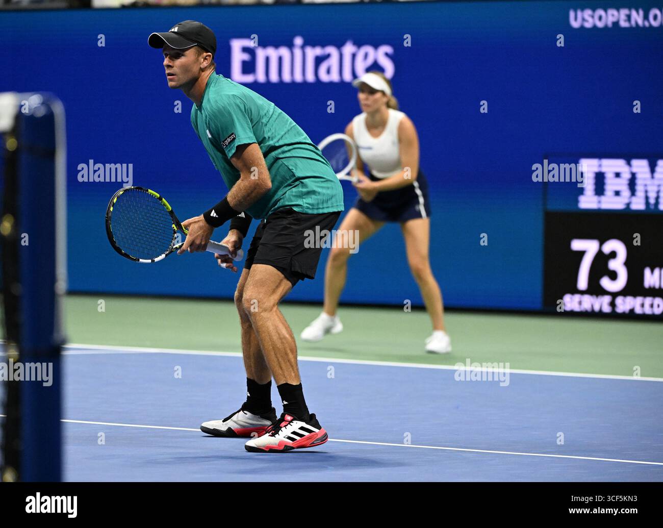 New York, United States. 20th Aug, 2025. Sara Errani and Andrea Vavassori Vs Danielle Collins and Christian Harrison during the Mixed Doubles Semi Finals on Arthur Ashe Stadium at the 2025 US Open Tennis Championship at the USTA Billie Jean King National Tennis Center in New York City on Wednesday, August 20, 2025 in New York City. Sara Errani and Andrea Vavassori react after defeating Danielle Collins and Christian Harrison 4-2-4-2 and advance to the finals. Photo by Larry Marano/UPI Credit: UPI/Alamy Live News Stock Photo
