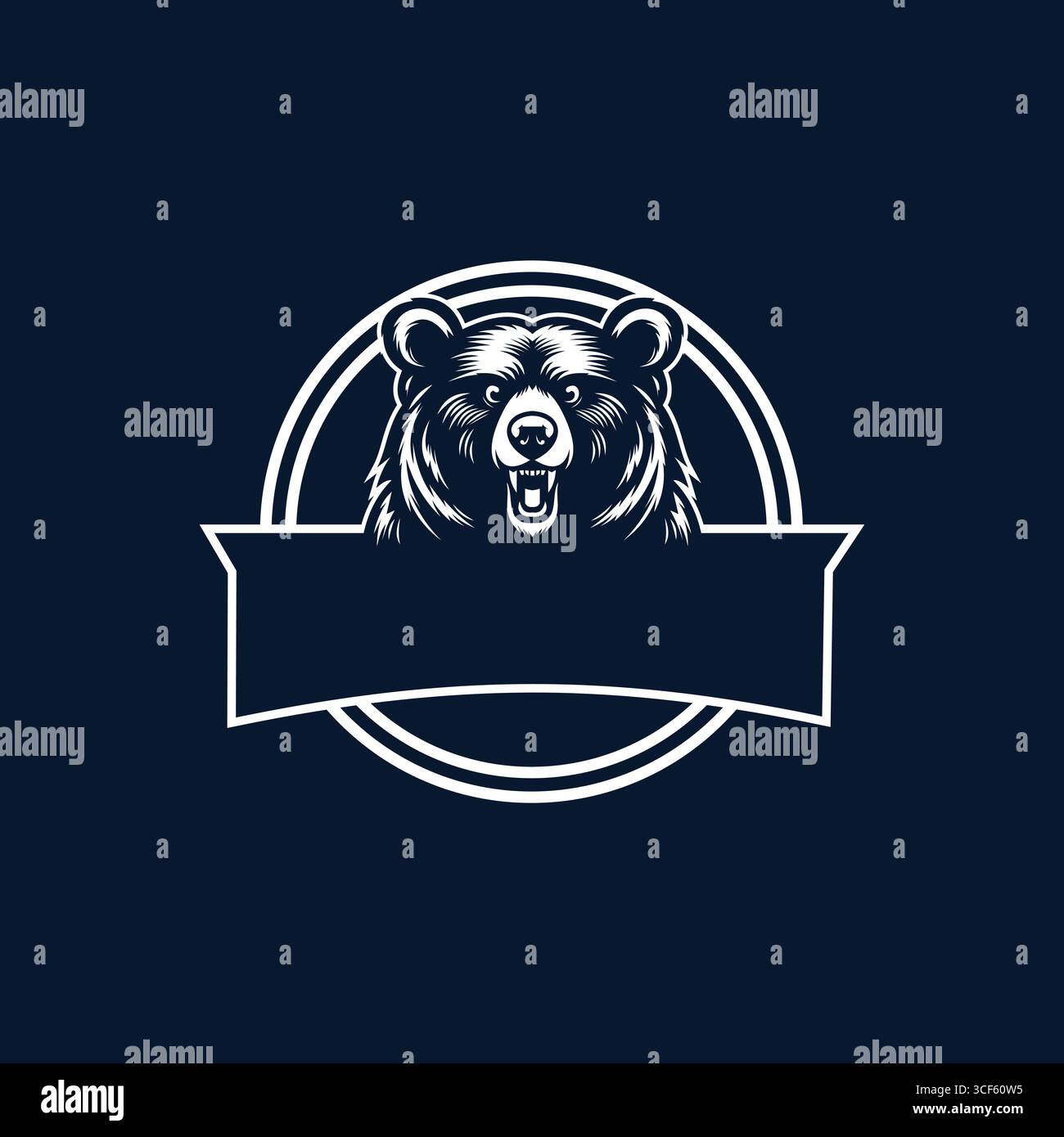 Vector Bear Head Emblem Logo in deep blue and white on blue background Stock Vector
