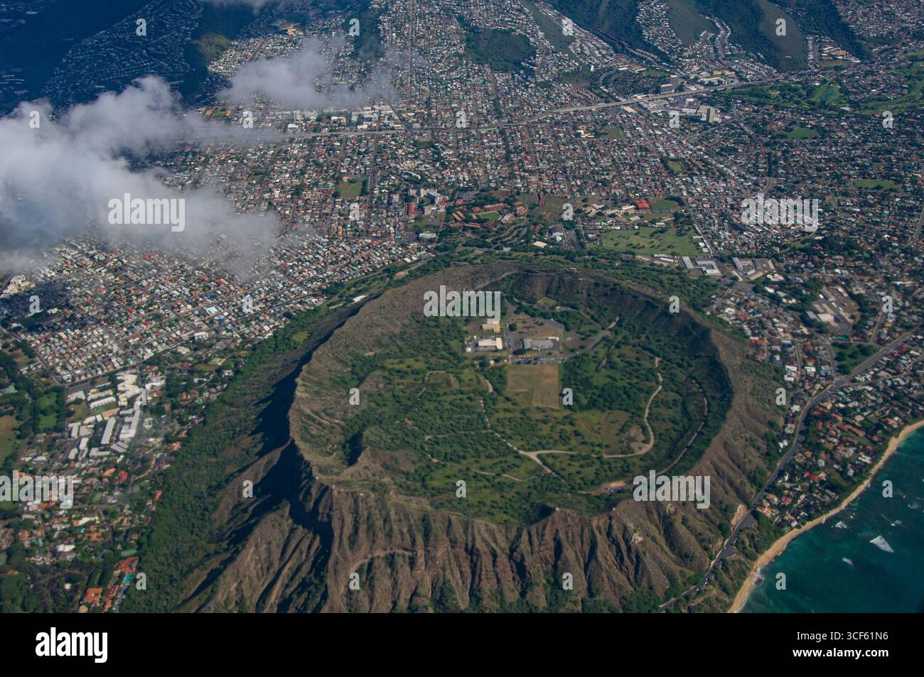 Aerial view of Diamond Head Crater and the City of Honolulu from ...