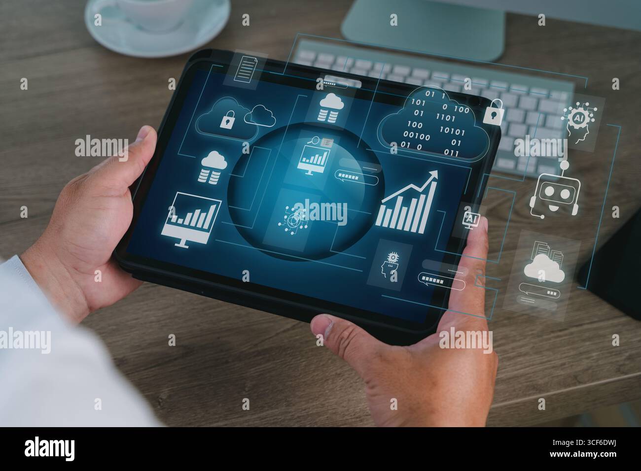 User flowchart and business analytics with cloud computing and AI integration shown on a tablet, representing mobile digital solutions for data visual Stock Photo