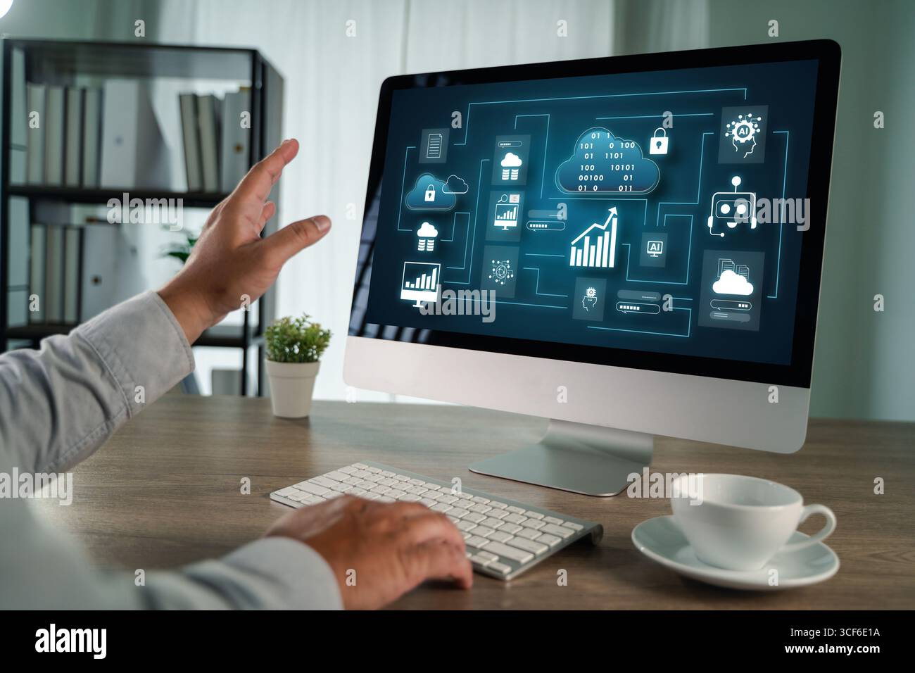 Detailed user flowchart and data analytics interface displayed on a modern computer screen, representing cloud computing, AI integration, and business Stock Photo