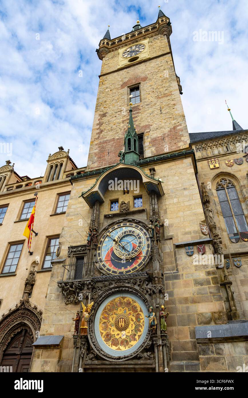 Prague, Czech Republic, Medieval Astronomical clock on Old Town hall tower in the Old Town Square, dates back to 1410 Stock Photo