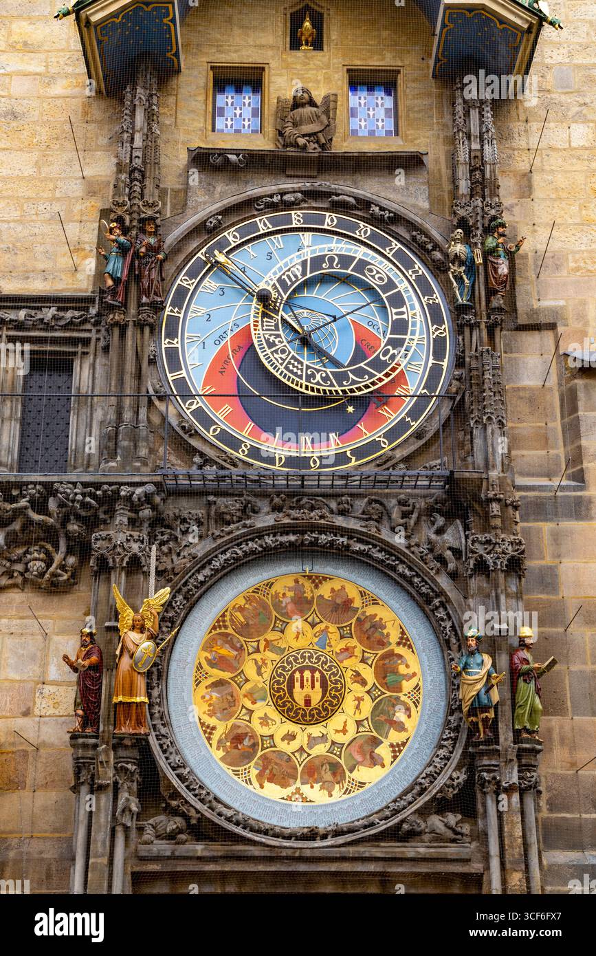 Prague, Czech Republic, Medieval Astronomical clock on Old Town hall tower in the Old Town Square, dates back to 1410 Stock Photo