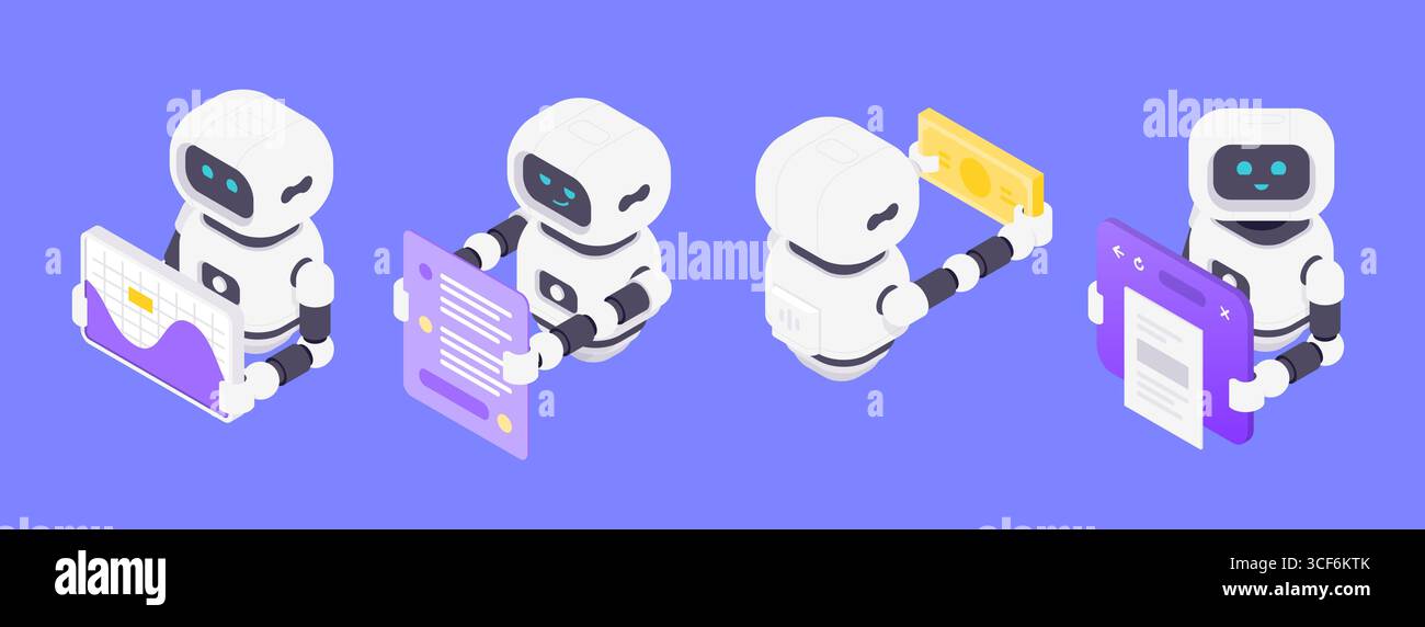 Isometric vector illustration depicting four AI robots analyzing data, communicating via chat, managing finance, and interacting with web interfaces e Stock Vector