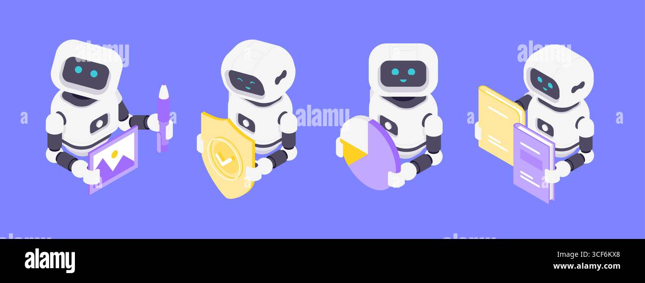 Isometric vector illustration showing AI robots performing visual data processing, security, analytics, and language tasks emphasizing technology, col Stock Vector