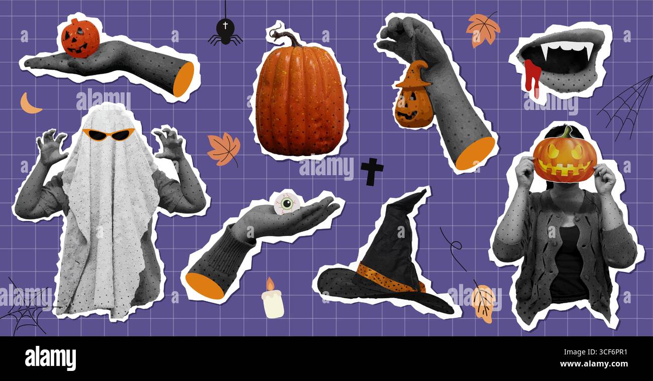 Halloween collage featuring spooky pumpkins and ghostly elements. Vector illustration Stock Vector