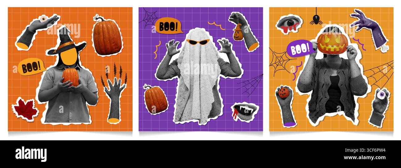 Collage for Halloween celebration featuring spooky elements. Vector illustration Stock Vector