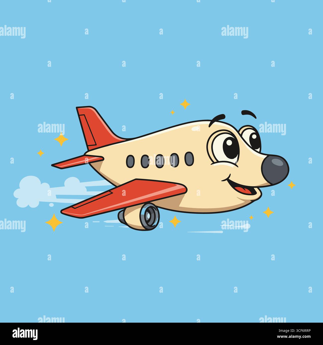 illustration of a commercial plane flying away to destination on sky blue background Stock Vector