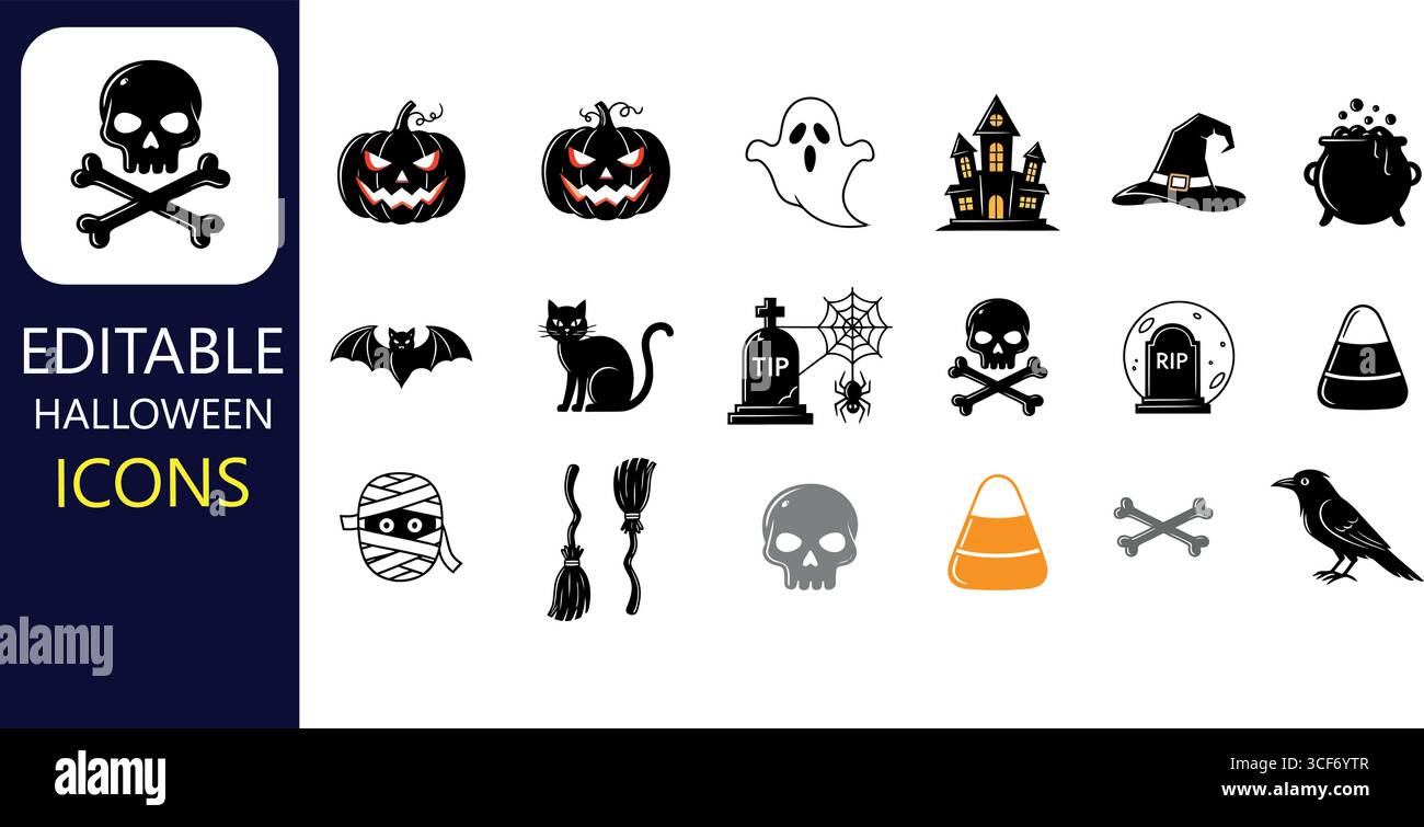 Spooky Halloween icons collection featuring pumpkin, ghost, black cat, skull and more for your scary designs and party invitations Stock Vector