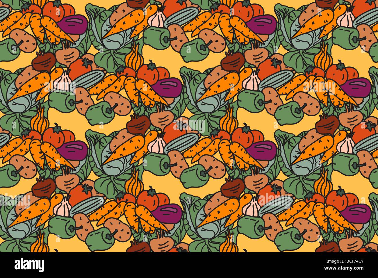 Botanical colorful vegetables seamless pattern vector illustration. Repeating cartoon different veggies with Cabbage Carrot Pepper Onion Potato Tomato Stock Vector