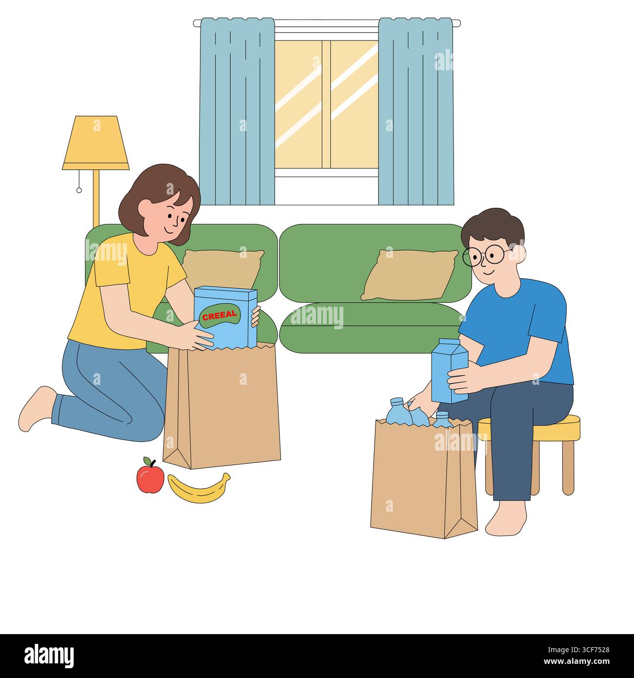 A couple unpacks groceries from delivery bags at home, organizing items like snacks and bottles. Stock Vector