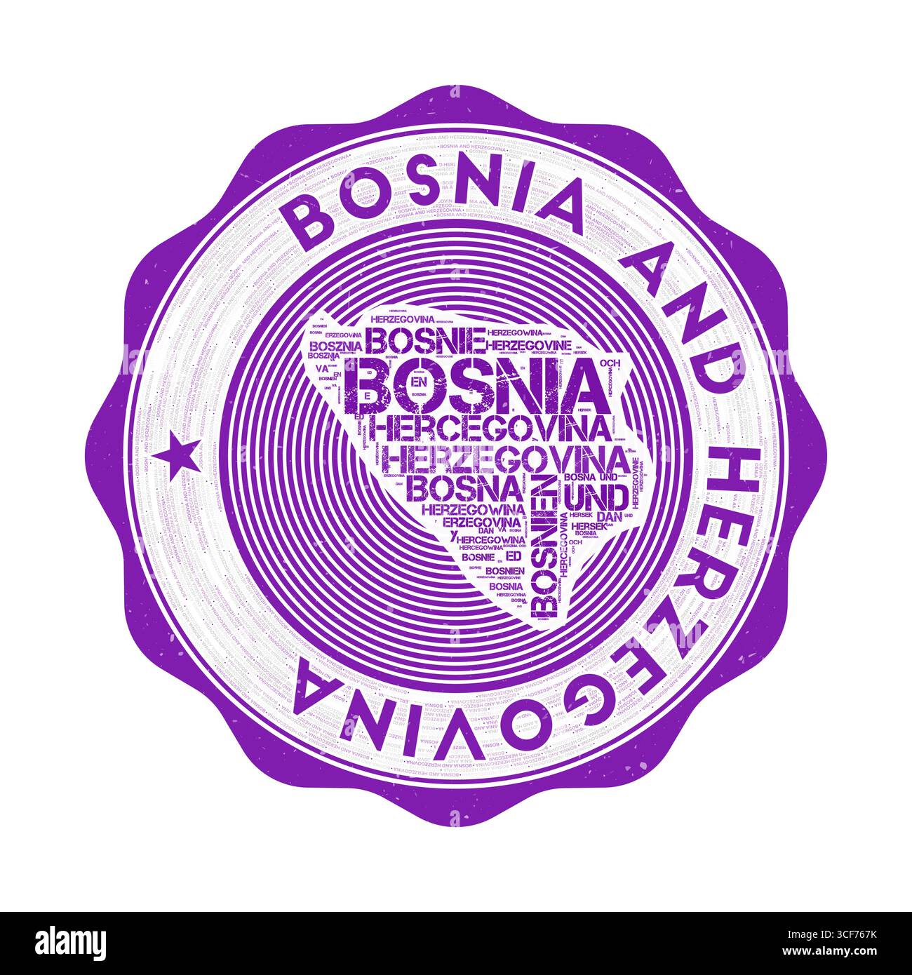 Bosnia seal. Country round logo with shape of Bosnia and country name in multiple languages wordcloud. Beautiful emblem. Stock Vector