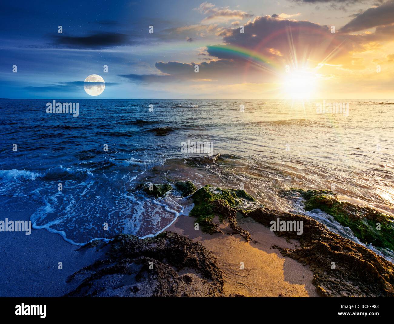 beach with sand. day and night time change concept. summer solstice at the seaside. beautiful seascape with calm waves under sun and moon at twilight. Stock Photo