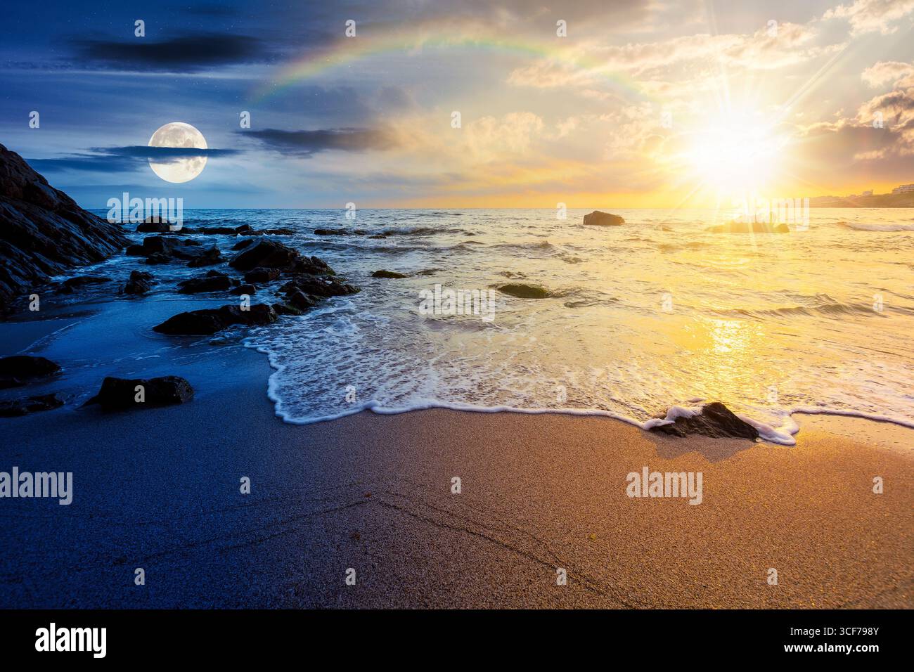 seascape on summer solstice at twilight. sea beach landscape beneath a sky with sun and moon. day and night time change concept. purity in nature. cel Stock Photo