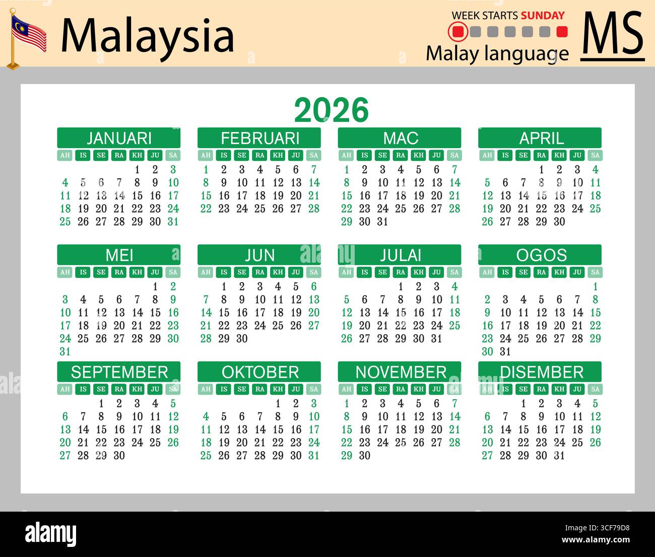 Malaysia horizontal Pocket calendars for 2026 (Two thousand twenty six