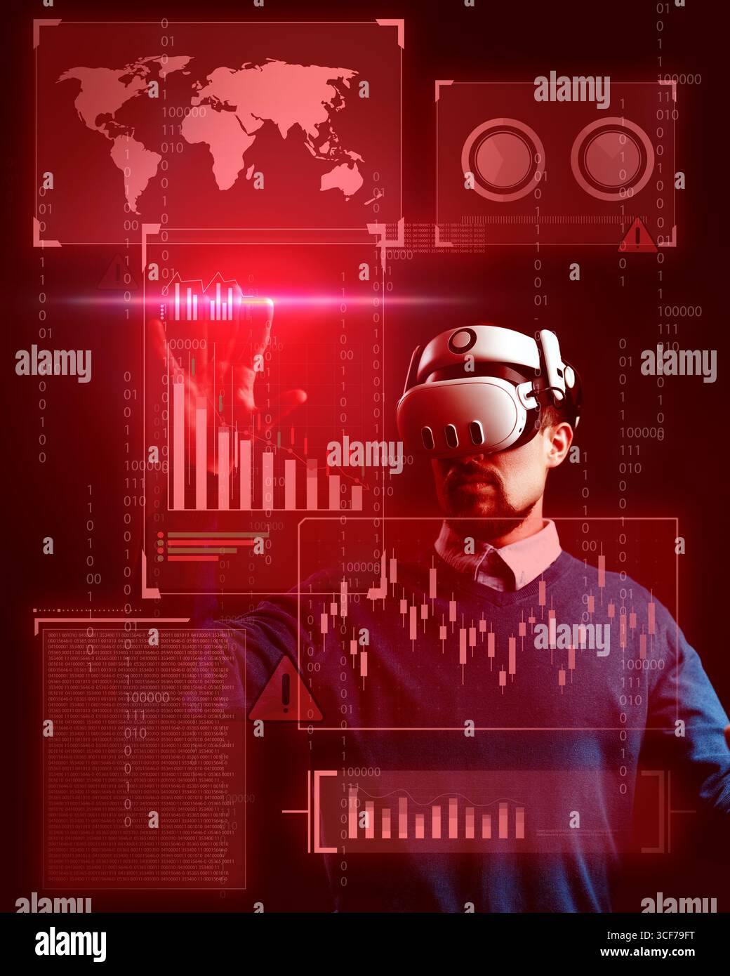 Virtual reality user interacts with data visualization and analytical graphs in a modern workspace environment Stock Photo