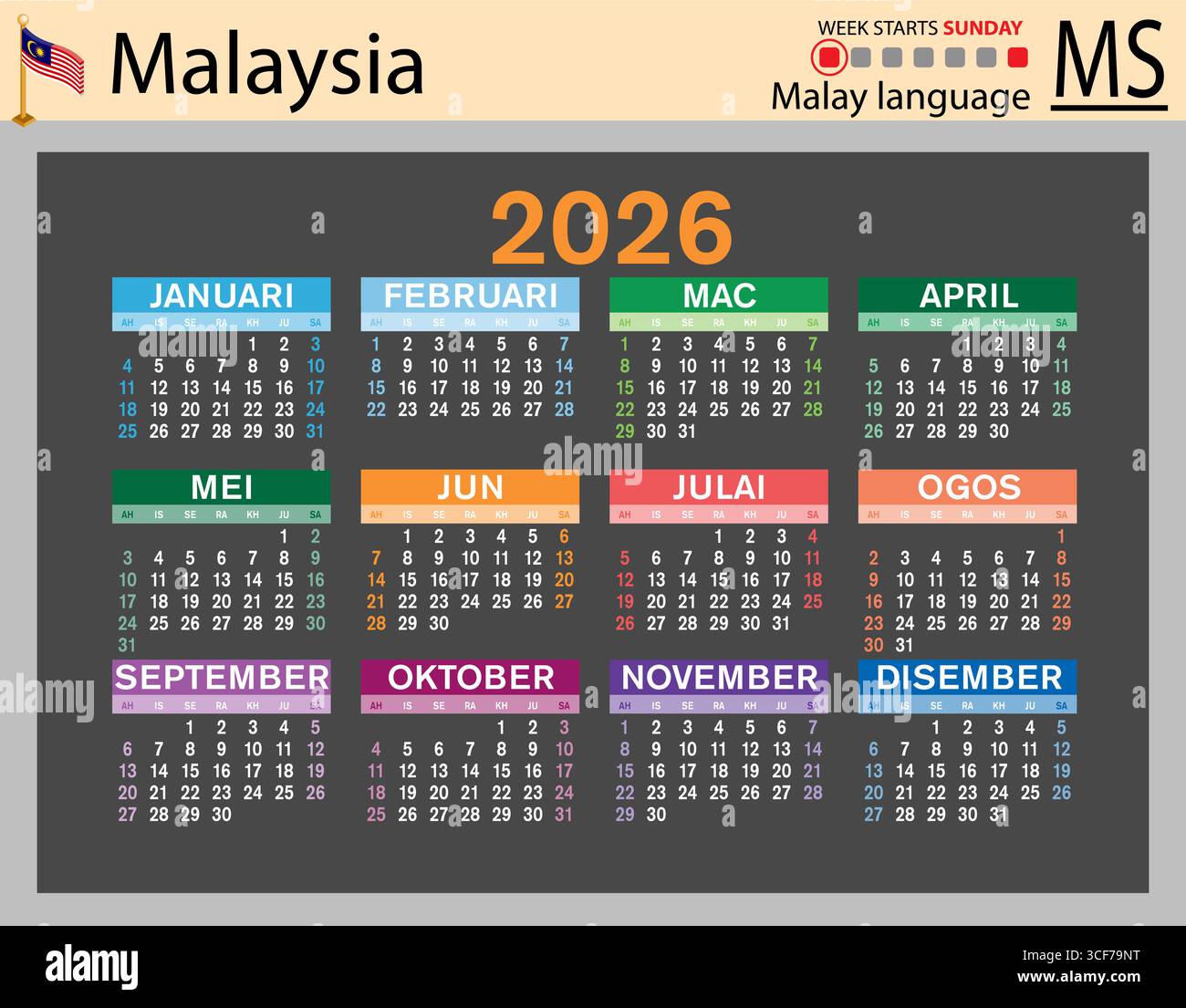 Malaysia horizontal Pocket calendars for 2026 (Two thousand twenty six