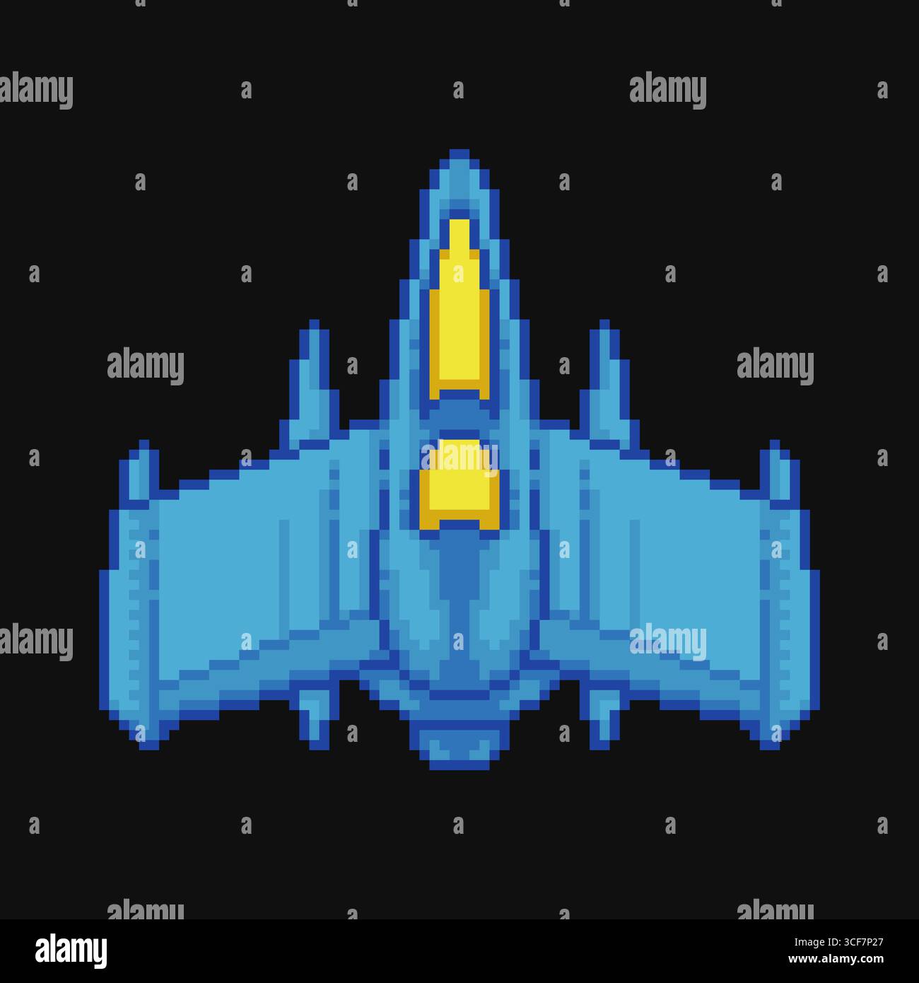 Pixel art blue spaceship video game asset. 8-bit style starship vector isolated on black. Stock Vector