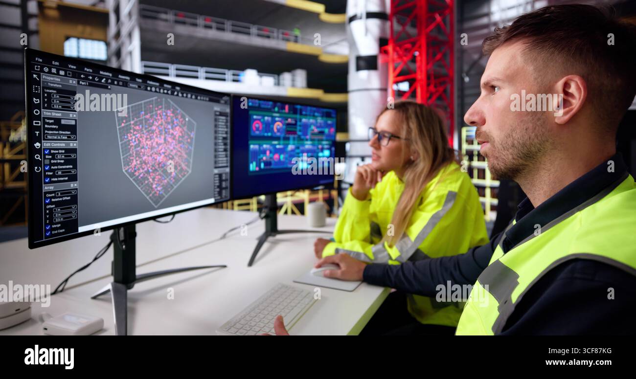 Industrial Engineer And Young Woman Control SCADA Panel Using PC Stock Photo