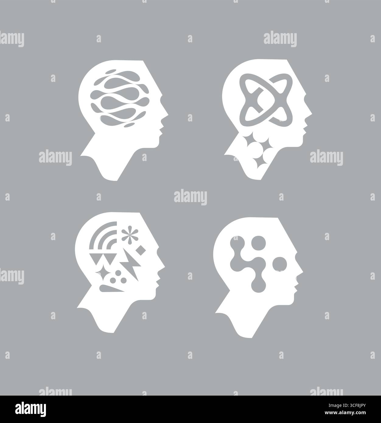 Human head profile view set drawing in artificial intelligence style with light color on grey background Stock Vector