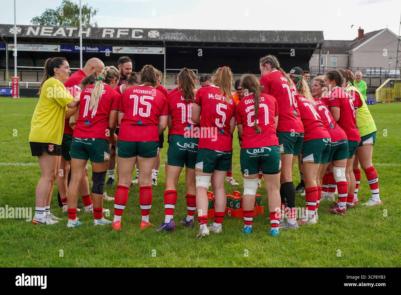 Wales women celebrate after beating Scotland Rugby League at The Gnoll Stock Photo
