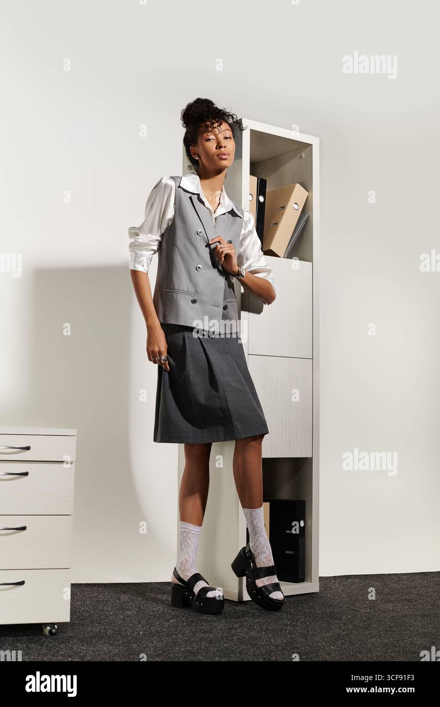 Young woman displays confidence and style in elegant business attire. Stock Photo