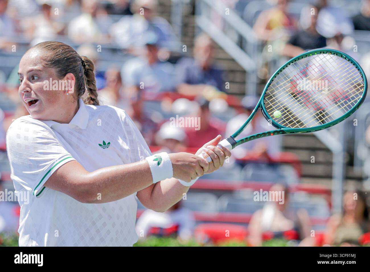 Jelena ostapenko ( Latvia ) in the WTA Masters 1000 Montreal in her game against Naomi Osaka at the round 3 of Omnium national bank by Rogers Montreal Stock Photo