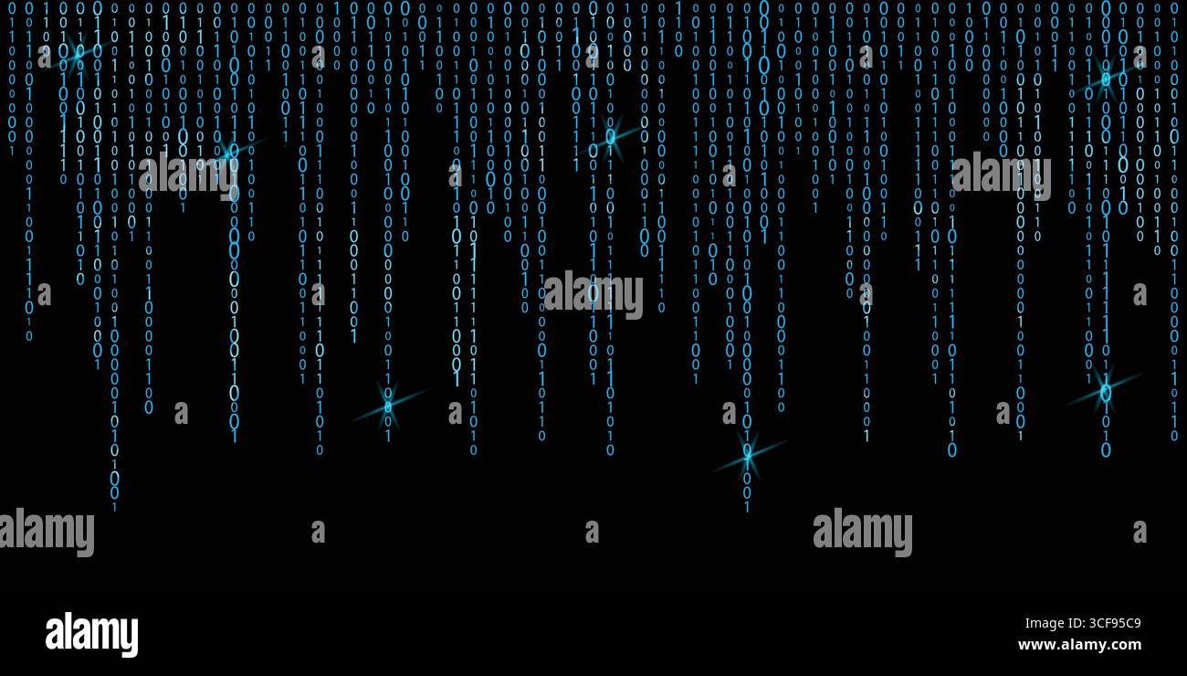 Blue digital binary code streams falling on black background, futuristic cyber matrix style Stock Vector