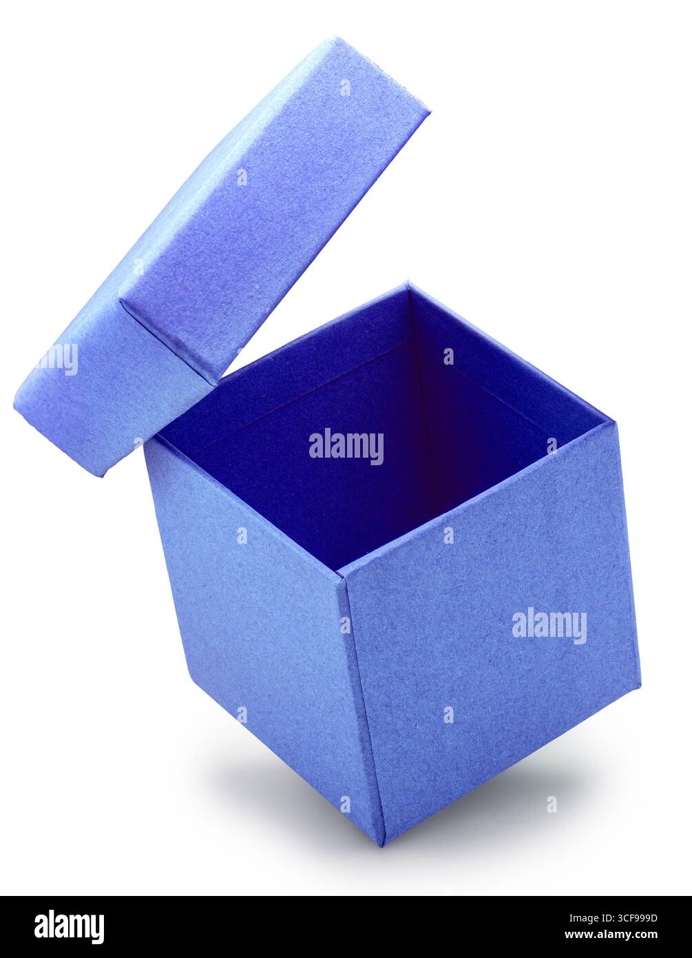 Open empty purple gift box and lid floating above a box isolated on ...