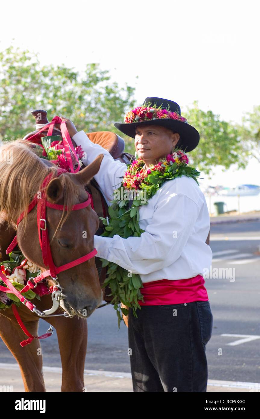 Male paniolo rider before the start of the Aloha Festivals Floral ...