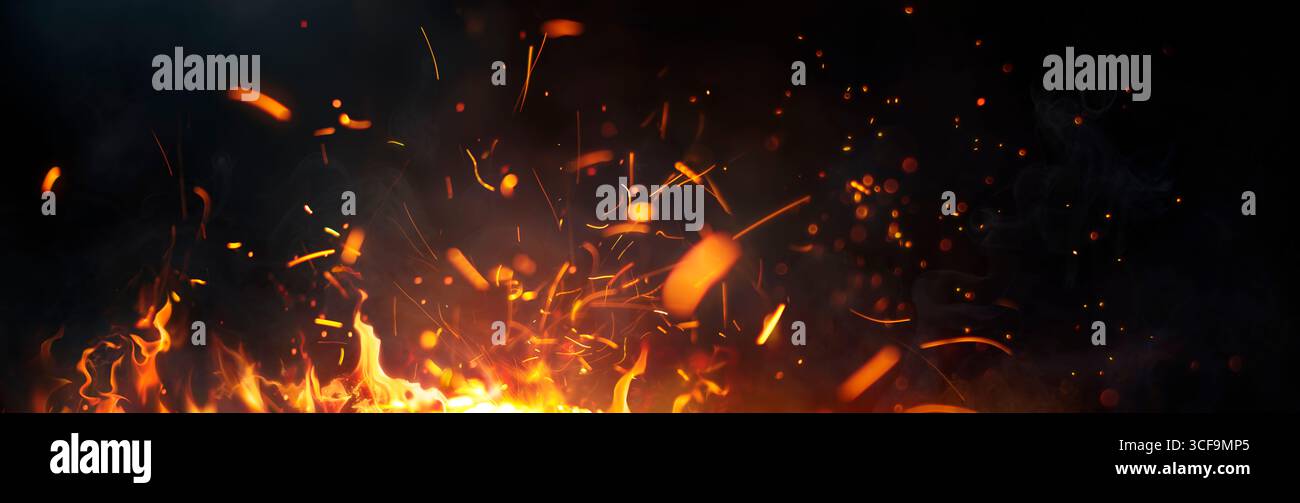 Barbecue - Fire Embers With Abstract Particles - Sparks And Flames In Black Stock Photo