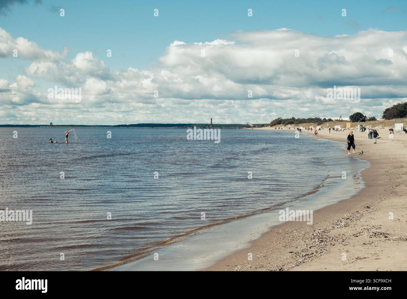 People walking along a sandy beach near the shoreline, with the water gently meeting the shore in a summer day Stock Photo