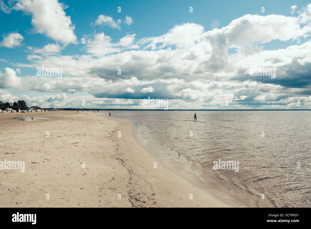 People walking along a sandy beach near the shoreline, with the water gently meeting the shore in a summer day Stock Photo