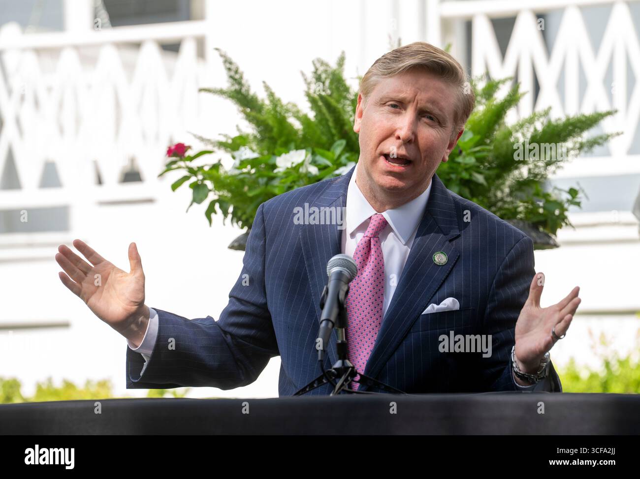 Austin Texas USA, April 21 2025: Texas State Sen. TAN PARKER, R-Flower Mound, speaks to the crowd as Governor Greg Abbott (not shown) signs two bills that increase penalties for human trafficking to first-degree felonies with no parole option, in a ceremony at the Texas Governor's Mansion. Credit: Bob Daemmrich/Alamy Live News Stock Photo