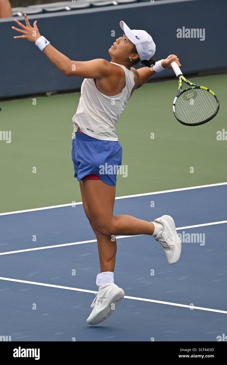 New York, USA. 21st Aug, 2025. Janice Tjen of Indonesia plays against Maja Chwalinska of Poland during the Women's Qualifying Singles Round 2 of the 2025 US Open tournament, at the USTA Billie Jean King National Tennis Center in Flushing Meadow-Corona Park, in the Queens borough of New York, NY, August 21, 2025. Tjen won the match and moves on to the next qualifying round.(Photo by Anthony Behar/SipaUSA) Credit: Sipa USA/Alamy Live News Stock Photo