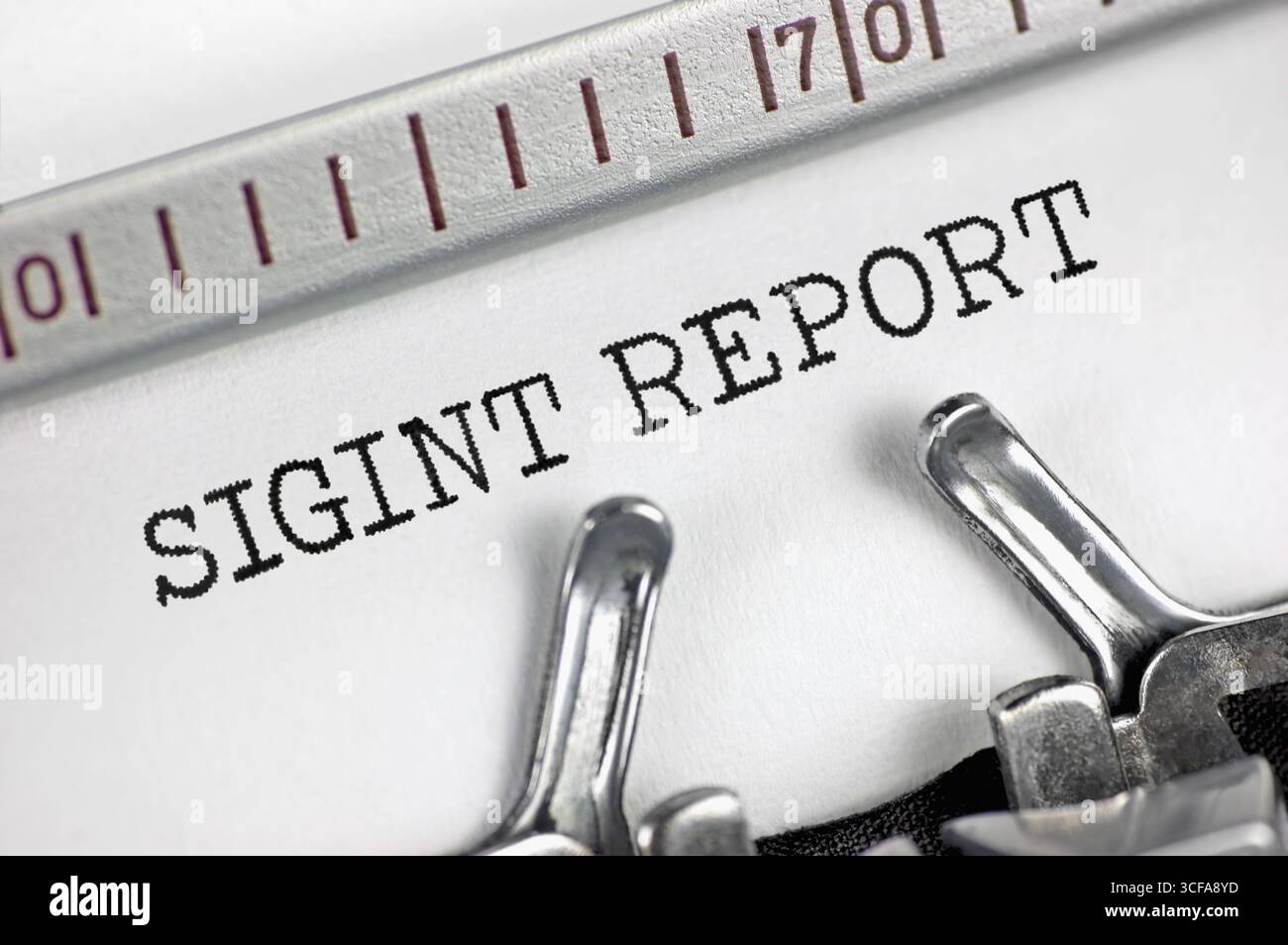 Signals intelligence (acronym SIGINT) report text macro closeup, typewriter typed encrypted electronic communications interception reporting concept Stock Photo