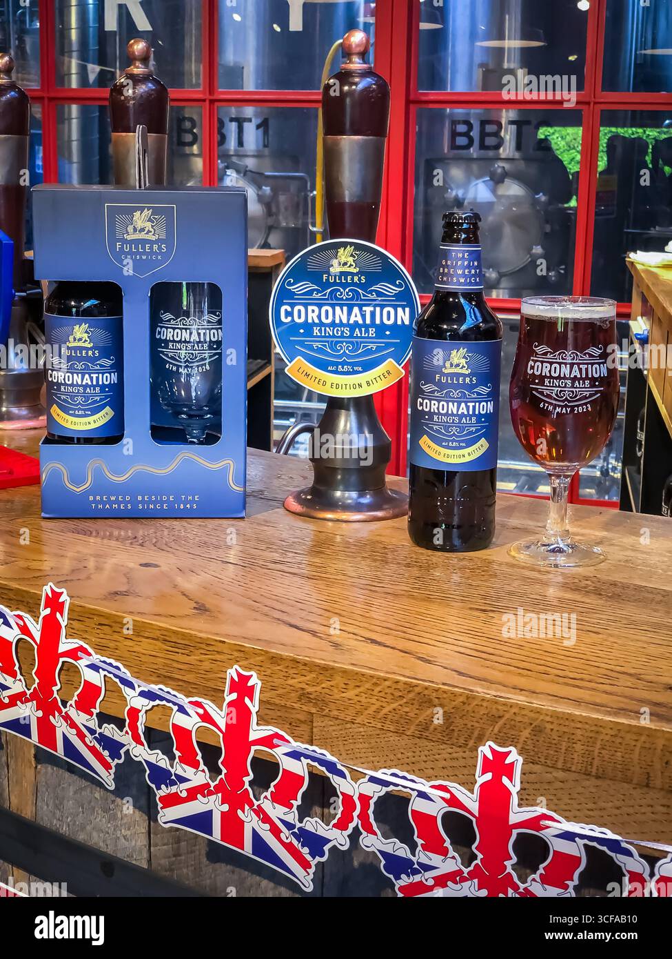 King Charles III Coronation Ale, Fullers Brewery Shop, Griffin Brewery - Chiswick, London - Smartphone Captured Stock Image King Charles III Coronation Ale, Fullers Brewery Shop, Griffin Brewery - Chiswick, London - Smartphone Captured Stock Image