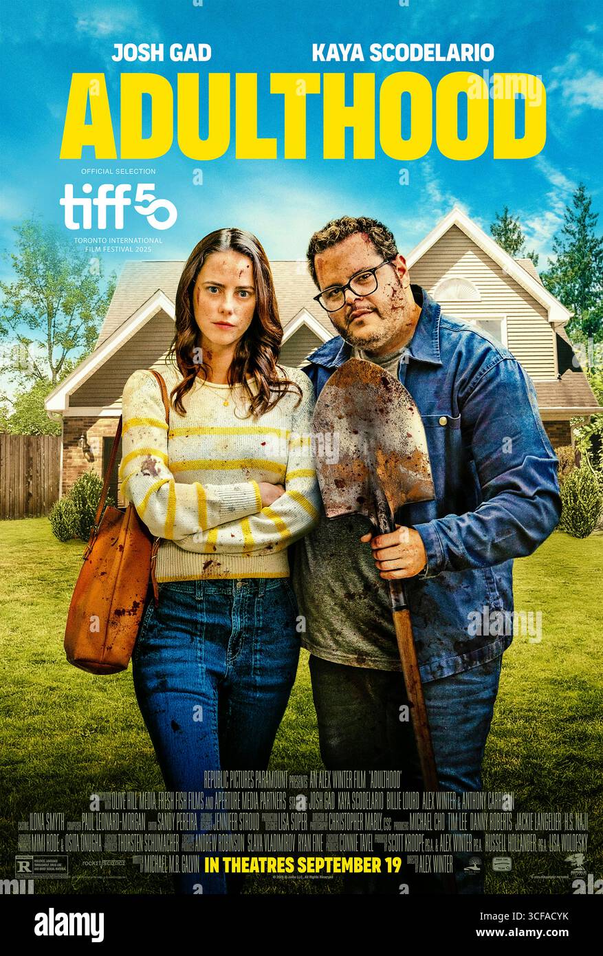 Adulthood (2025) directed by Alex Winter and starring Anthony Carrigan, Kaya Scodelario, and Josh Gad. Siblings Megan and Noah discover a dead body long buried in their parents’ basement, propelling them into a spiraling rabbit hole of crime, cover‑ups, and murder. US one sheet poster EDITORIAL USE ONLY. Credit: BFA / Republic Pictures Stock Photo